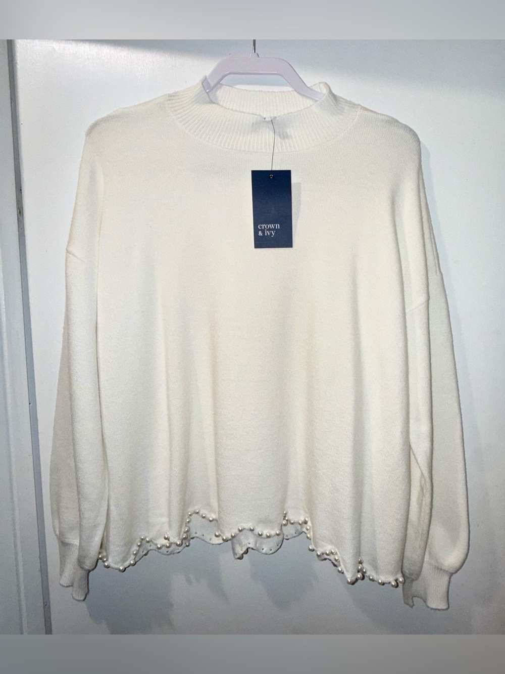 NWT- Crown & Ivy Pearl Scallop Hem Sweater Ivory Size L